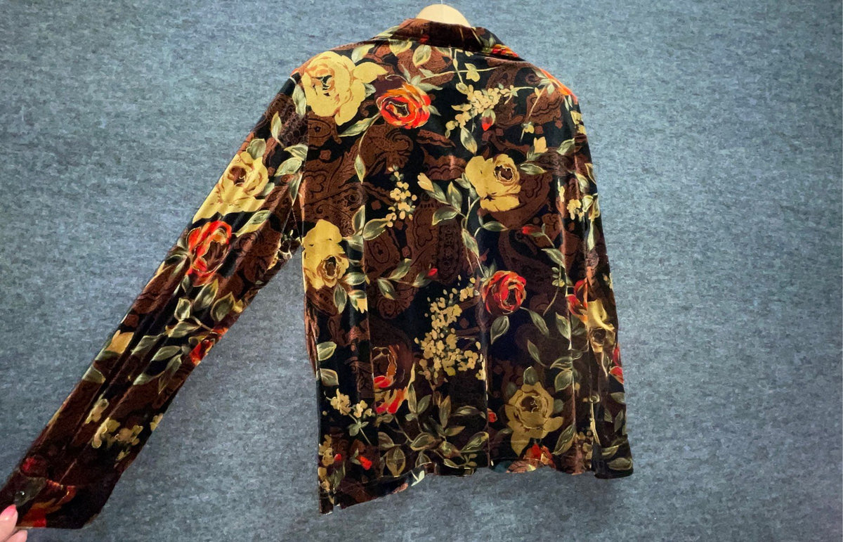 Vintage 90s Jones & Co Women's Floral Velvet Button Up Blouse Gold Sz L