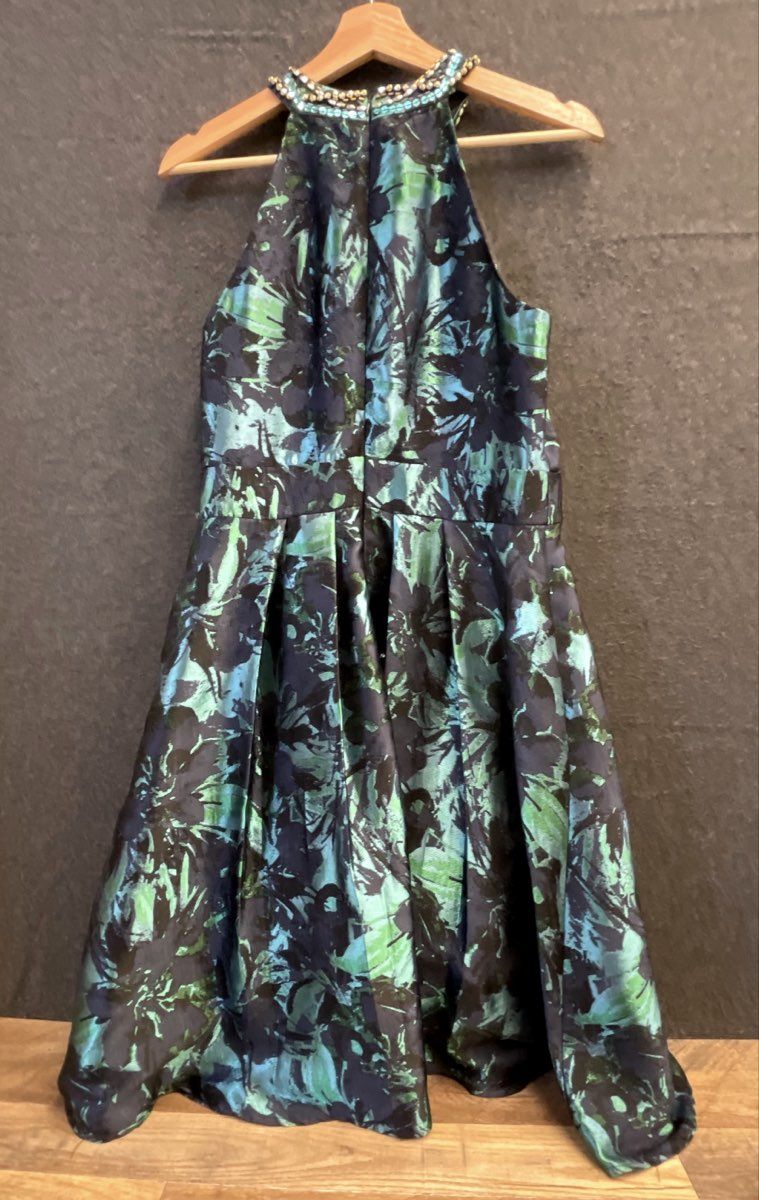 SLNY Women's Teal Blue Metallic Floral Embellished Halter Neck Dress NWT Sz 10