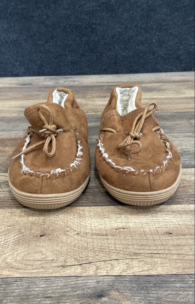 Apres Men's Brown Synthetic Suede Faux Shearling Moccasin Slippers Sz 8
