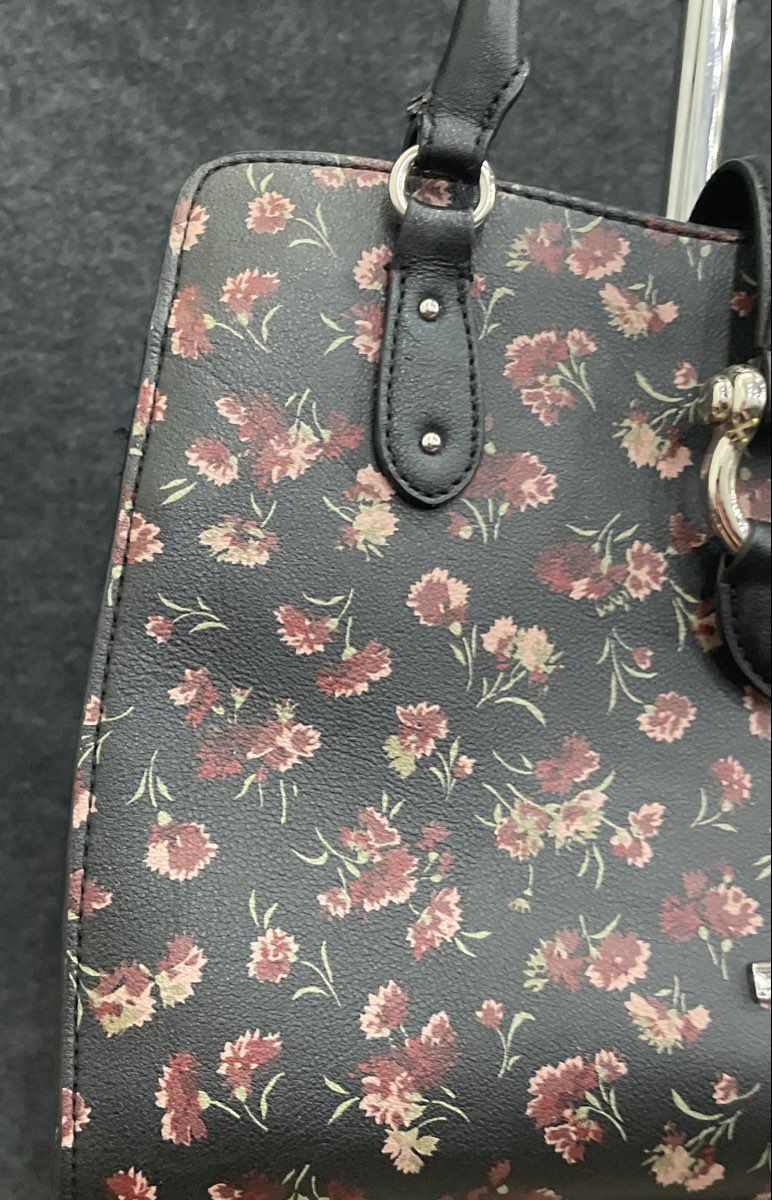 Chaps Black Red Floral Print Pebbled Faux Leather Satchel Bag Silver Hardware