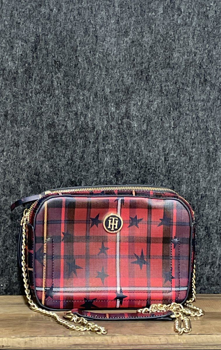 Tommy Hilfiger Red Plaid Stars Double Zip Camera Crossbody Bag Gold Hardware