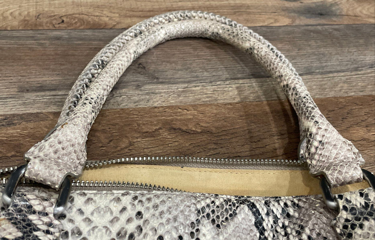 Cole Haan Beige Snakeskin Embossed Leather Satchel Handbag Silver Hardware