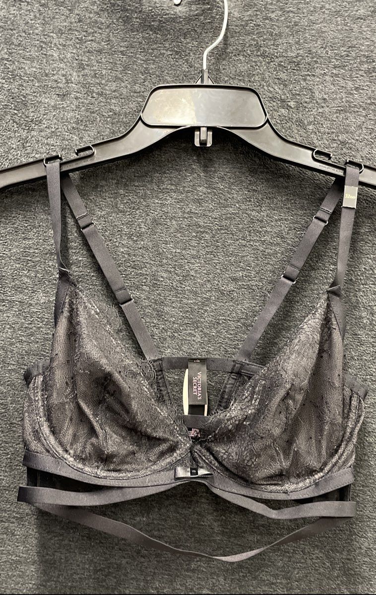 Victoria's Secret Very Sexy Unlined Demi Bra Black Lace Caged Strappy 32DD NWT