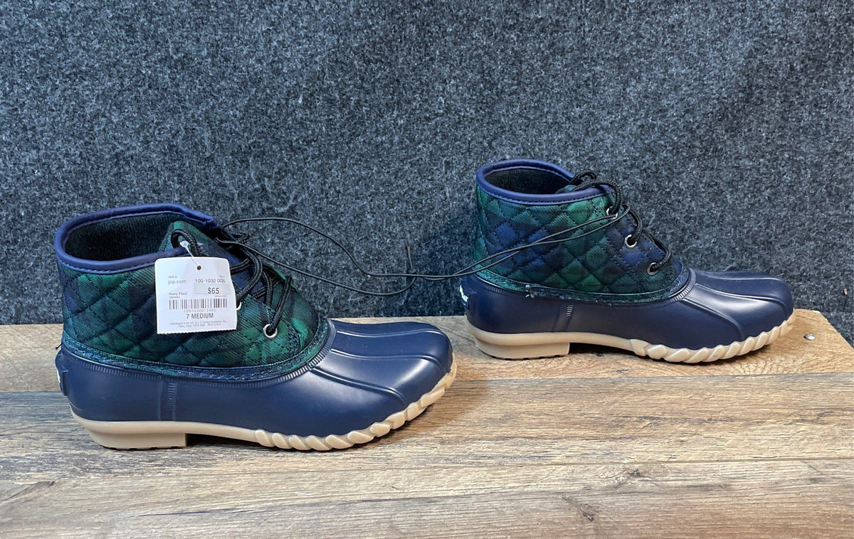 St. John's Bay Navy Plaid Quilted Duck Boots Women's Size 7M NWT