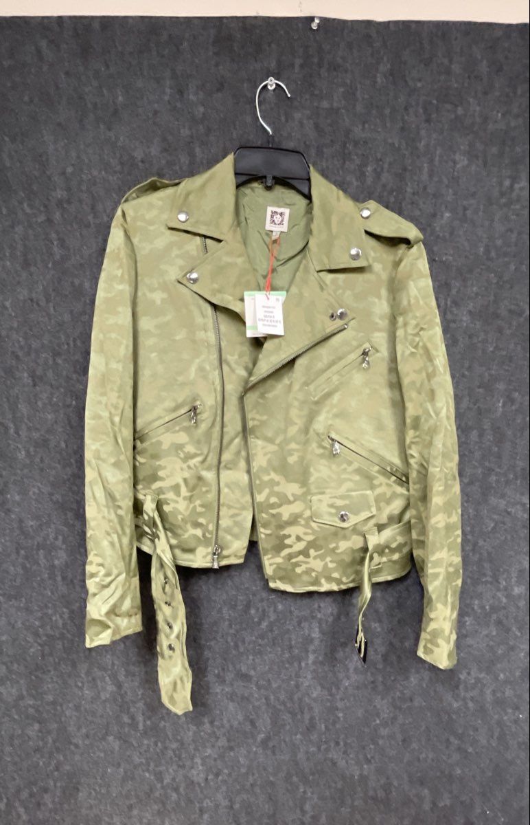 Anne Klein Women's Green Camo Jacquard Asymmetrical Zip Moto Jacket Sz 8 NWT