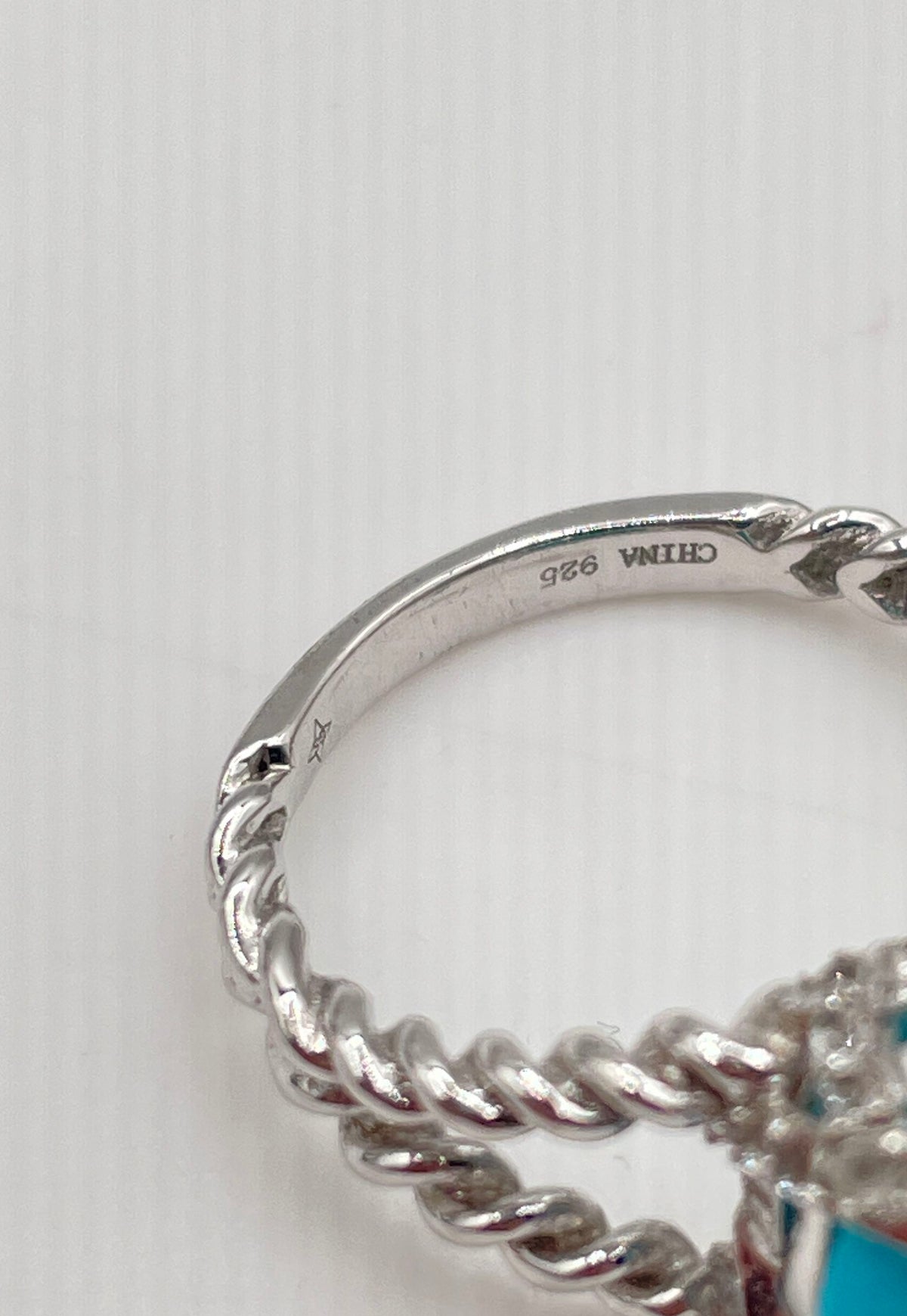 925 Sterling Silver Faux Turquoise Topaz Accents Twisted Rope Band Ring 3.5g