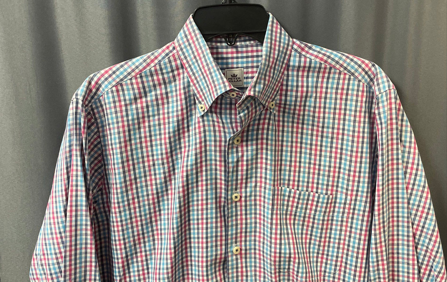 Peter Millar Men's Pink Blue Check Plaid Long Sleeve Button-Up Shirt Size M