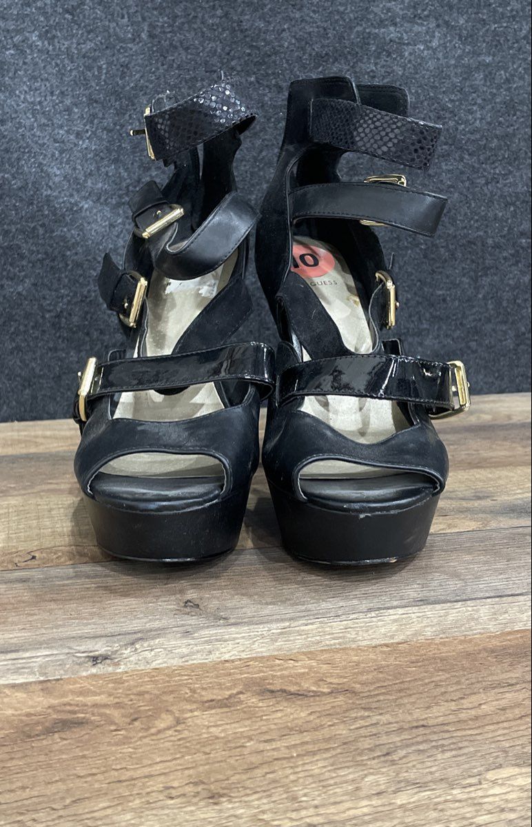 Guess Black Multi Strap Buckle Platform Peep Toe Stiletto Heels Size 10