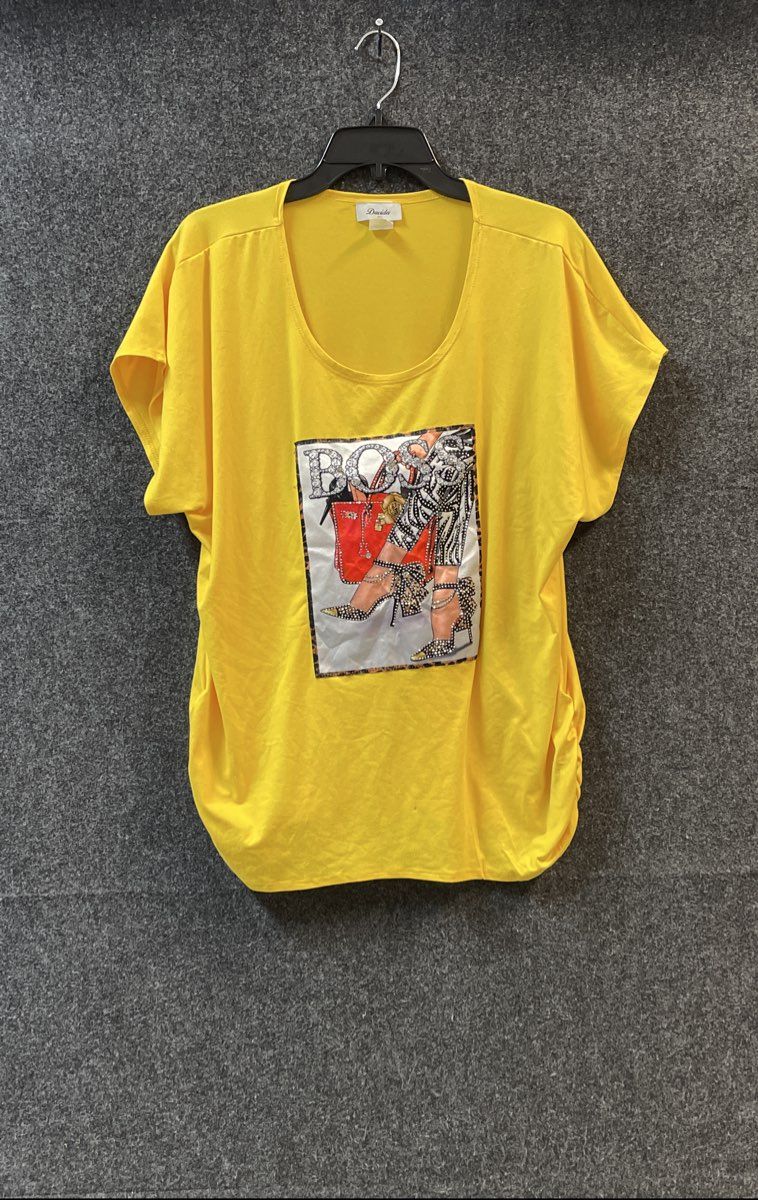 Davida Women's Yellow Rhinestone BOSS Graphic Ruched Tunic Top Size 2XL