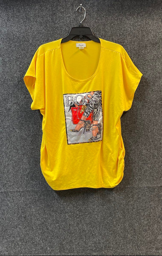 Davida Women's Yellow Rhinestone BOSS Graphic Ruched Tunic Top Size 2XL