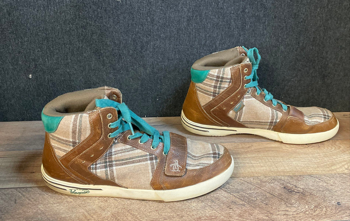 Original Penguin Moby Hi Brown Plaid Teal High Top Sneakers Men's Size 13