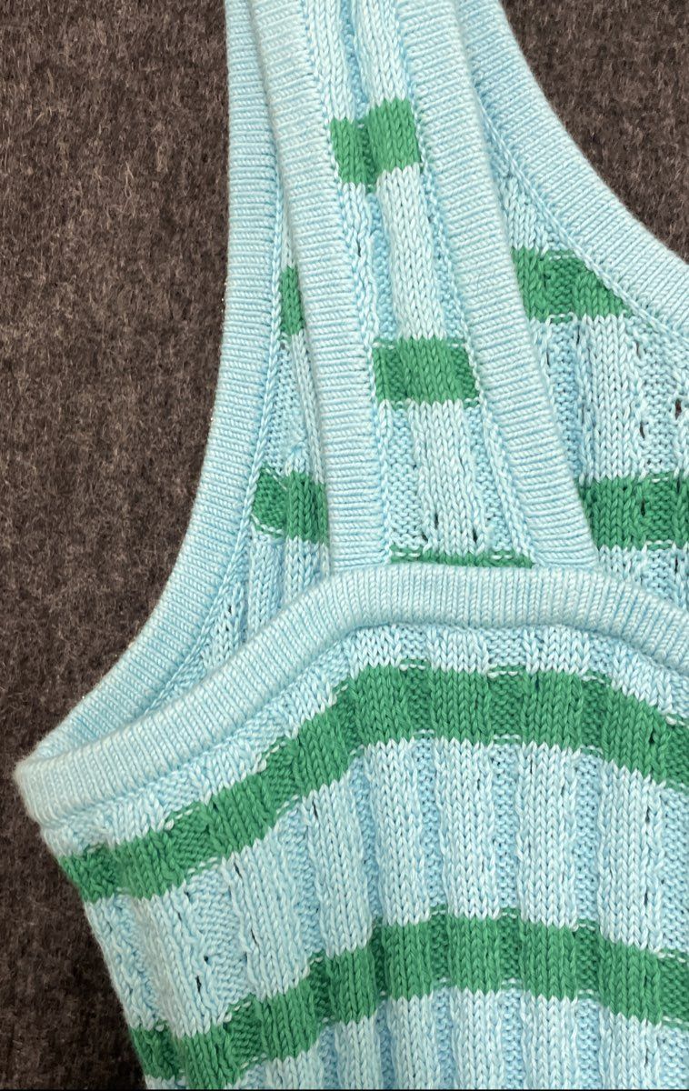 Talbots Women's Light Blue Green Striped Ribbed Cotton Sweater Tank Top Sz L