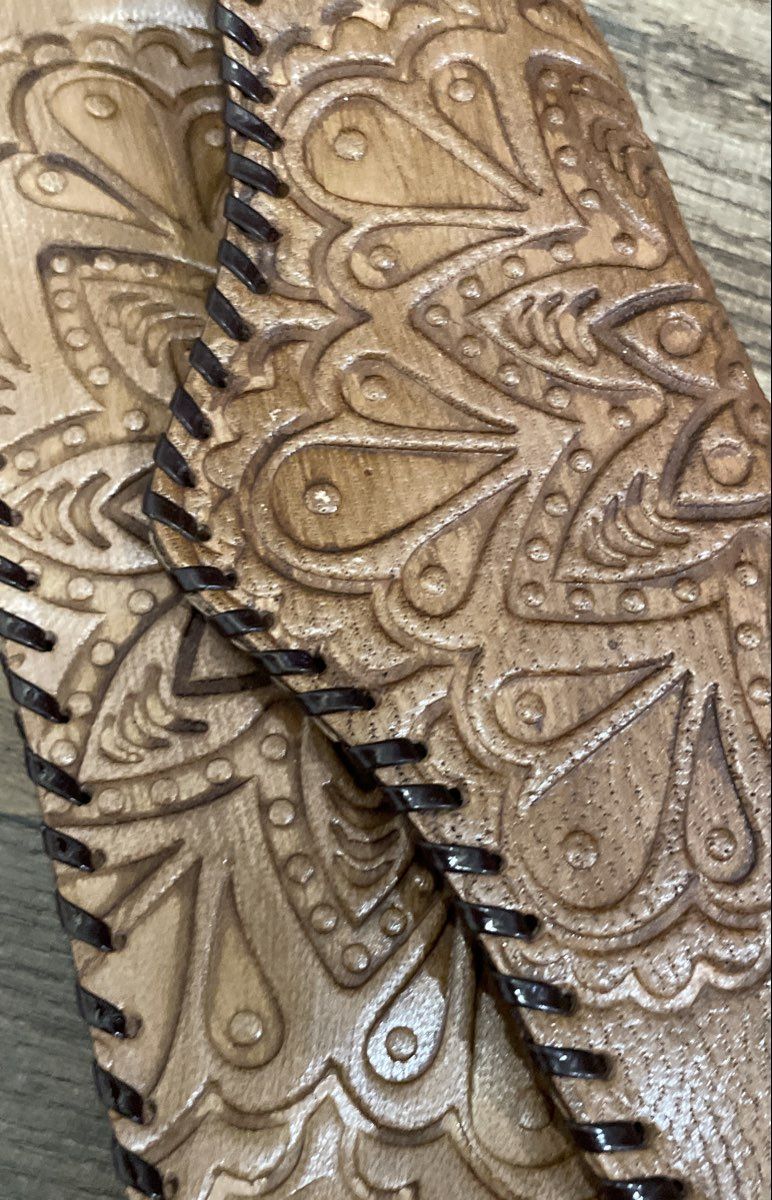 Vintage Tan Tooled Leather Mandala Floral Whipstitch Clutch Wallet