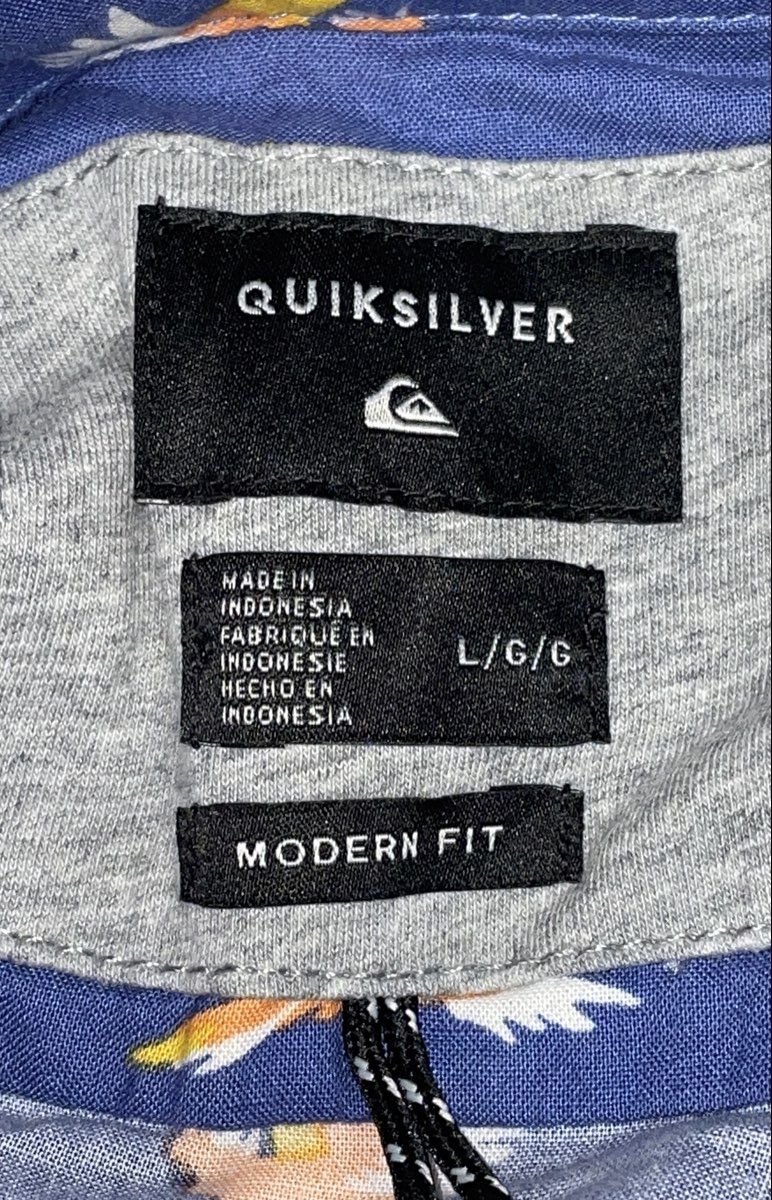 Quiksilver Men's Blue Parrot Bird Print Short Sleeve Button Up Modern Fit Sz L
