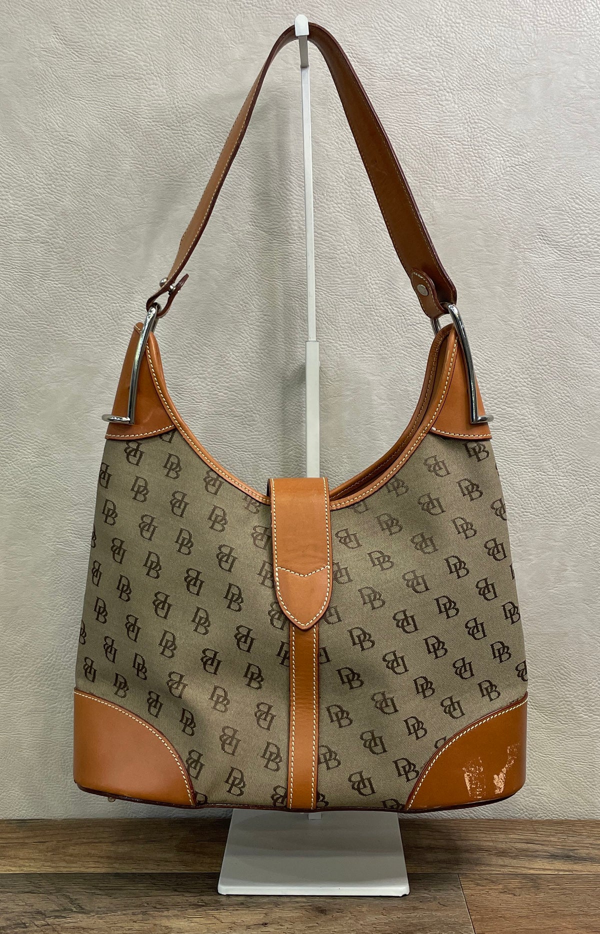 Vintage Dooney & Bourke Brown Monogram Canvas Leather Hobo Shoulder Bag