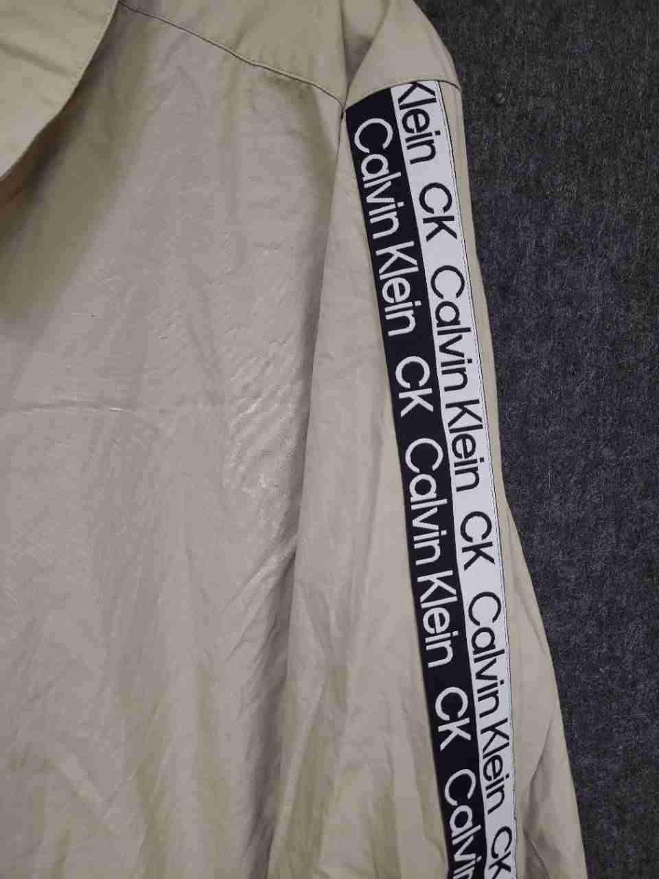 Calvin Klein Women's Beige Logo Tape Sleeve Button Down Shirt Tunic Sz 2X