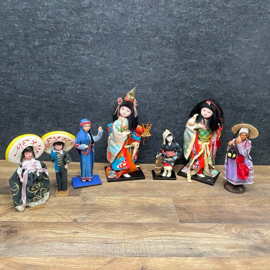 Vintage Lot of 7 International Dolls Japanese Geisha Mexico Souvenir Figurines
