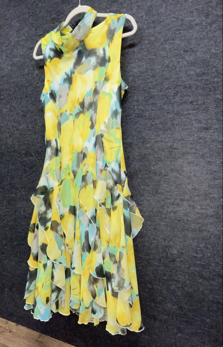 Robbie Bee Women's Yellow Floral Tiered Ruffle Tie Neck Dress Size M