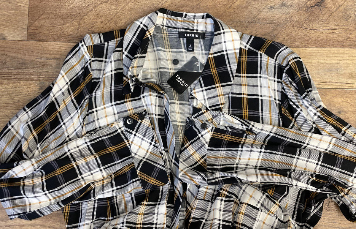 Torrid Women's Black White Yellow Plaid Challis Kimono Duster Sz 2X NWT