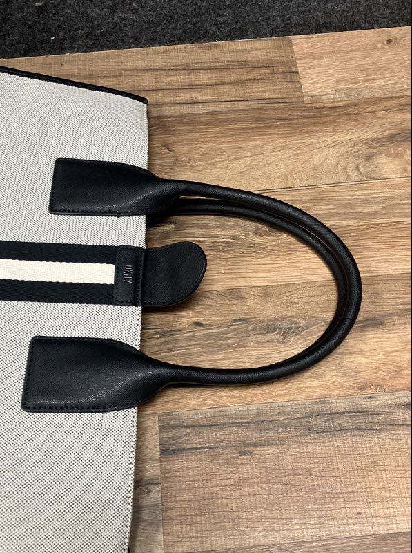 DKNY Tan Black Striped Canvas Tote Bag Large Saffiano Leather Trim