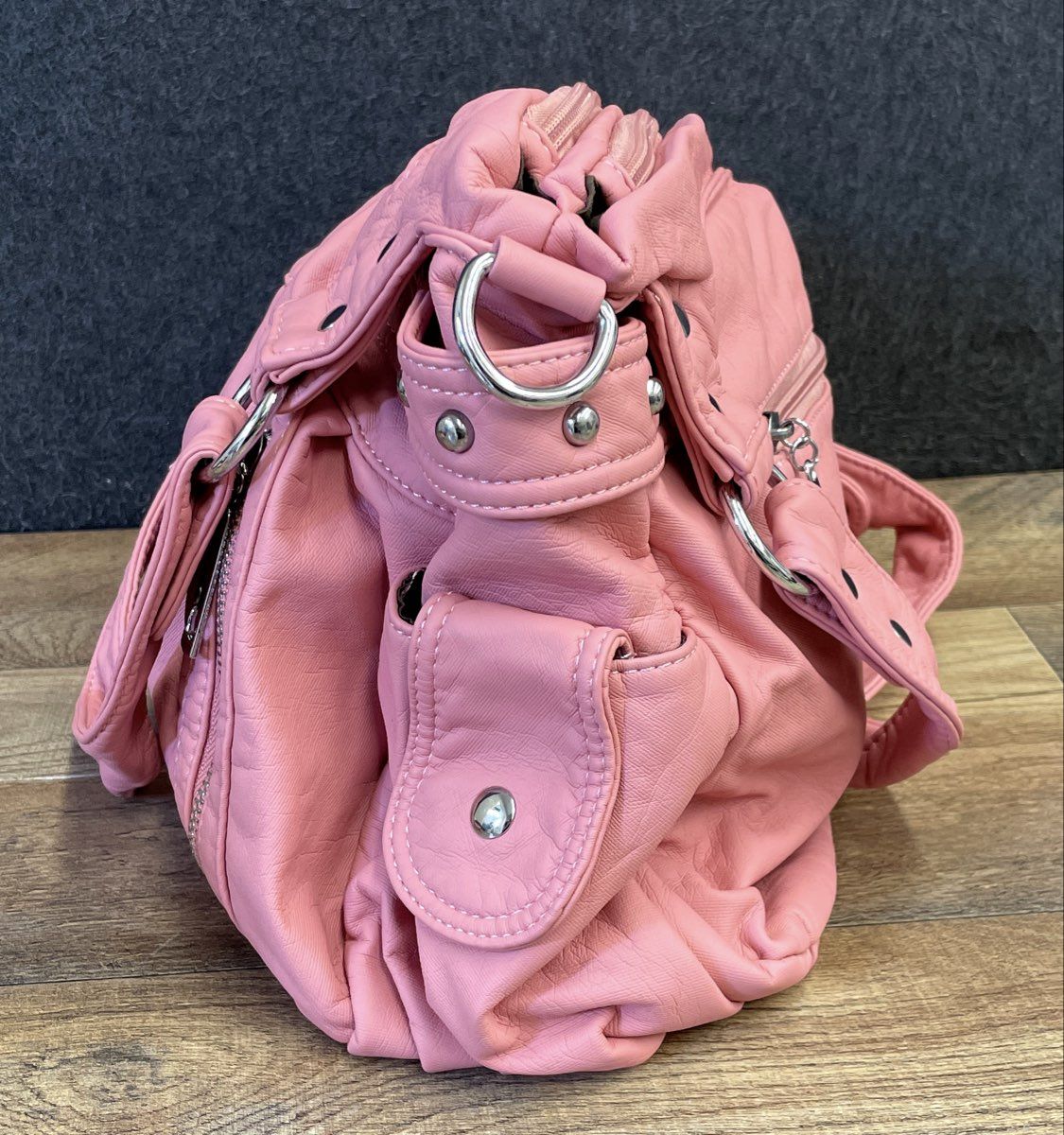 Scarleton Pink Faux Leather Multi-Zipper Satchel Handbag Silver Hardware