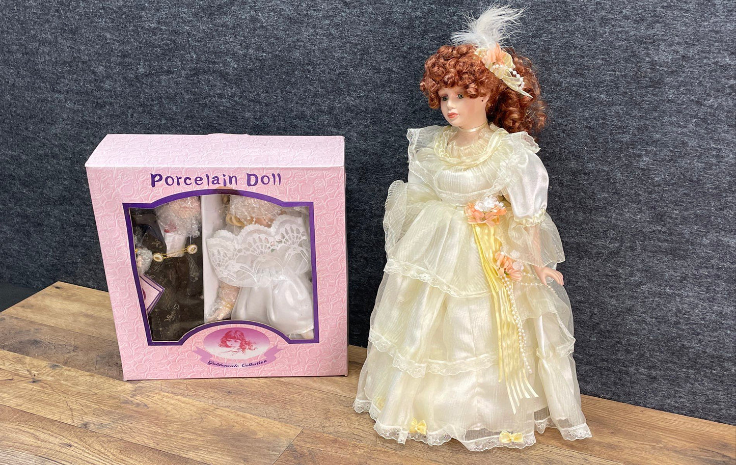 Vintage Porcelain Doll Bridesmaids Collection Bride Groom Outfits Box & Stand