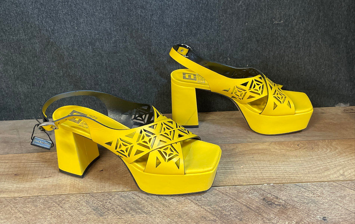 Emanuele Crasto Yellow Leather Cut-Out Platform Heels Made In Italy Size 40