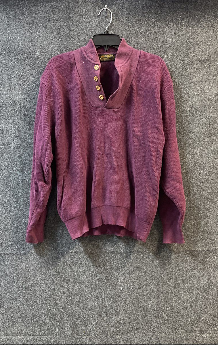 Vintage 90s Eddie Bauer Men's Purple Cotton Ribbed Button Neck Sweater Sz L