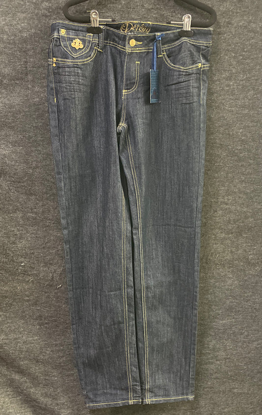 Dereon Women's Dark Blue Jeans Gold Embroidery Fleur-De-Lis NWT Sz 13/14