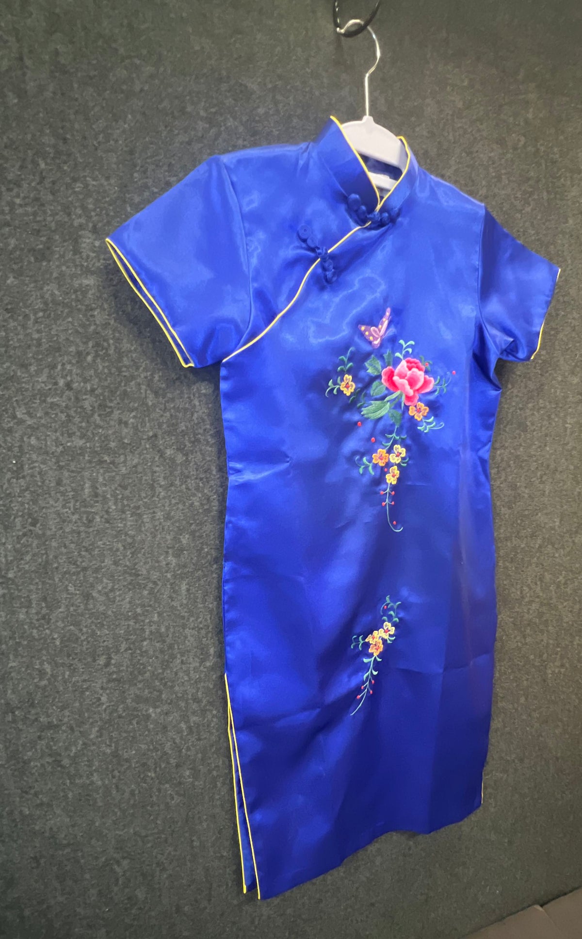 Cangri Women's Blue Satin Floral Embroidered Cheongsam Qipao Dress Sz XL