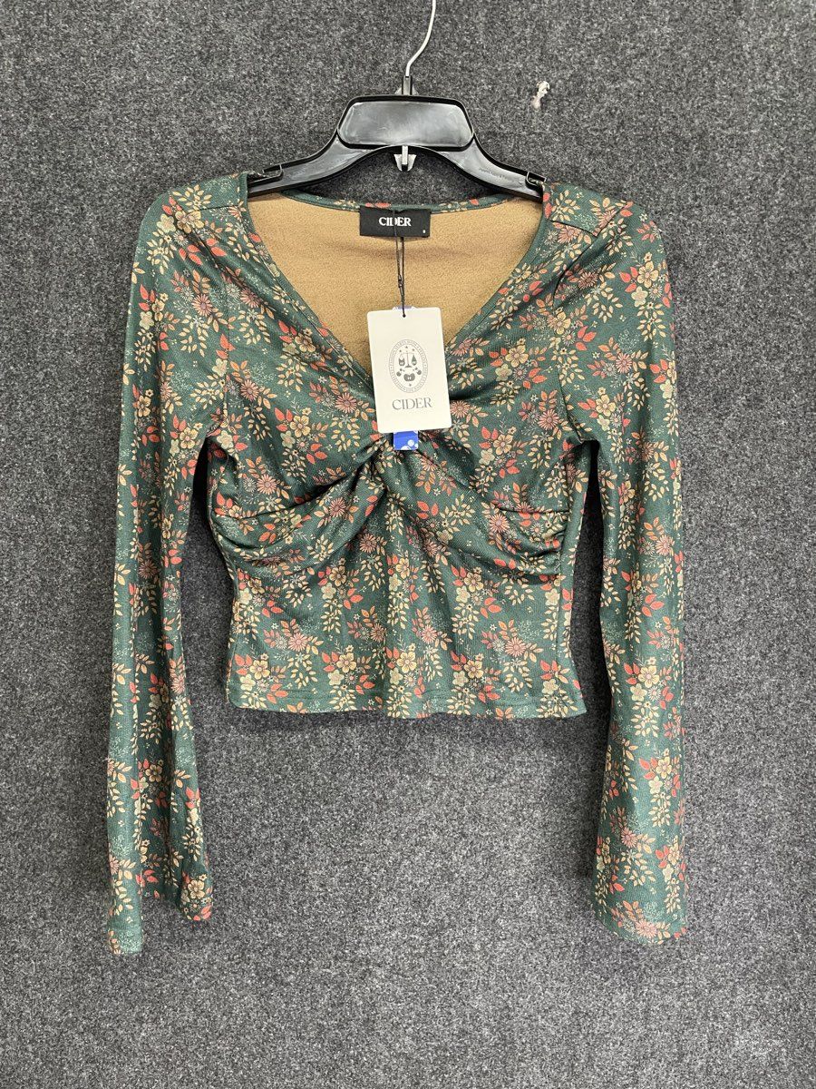 Cider Women's Top Green Floral Print Twist Front Ribbed Long Sleeve Sz S NWT