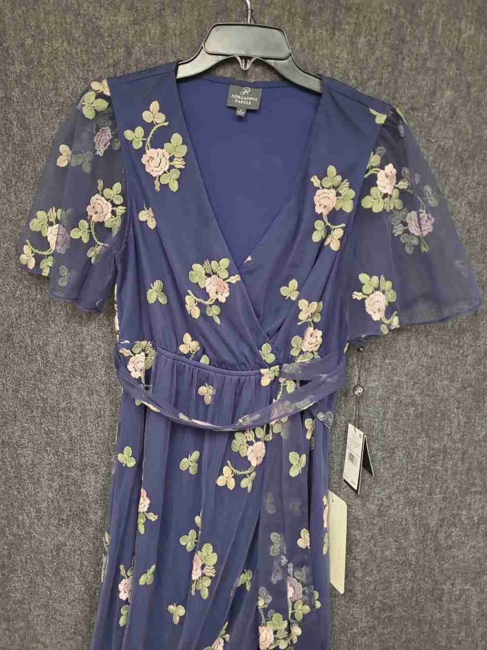 Adrianna Papell Women's Navy Multi Floral Embroidered Flutter Maxi Dress Sz S