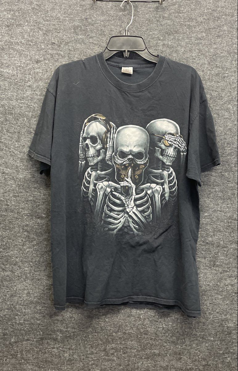 Three Skulls See Hear Speak No Evil Skeleton Graphic T-Shirt Black Sz XL