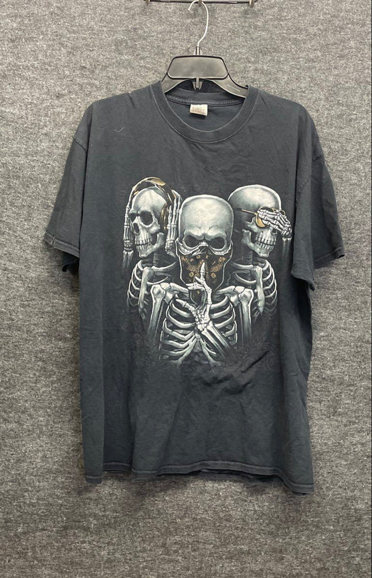 Three Skulls See Hear Speak No Evil Skeleton Graphic T-Shirt Black Sz XL