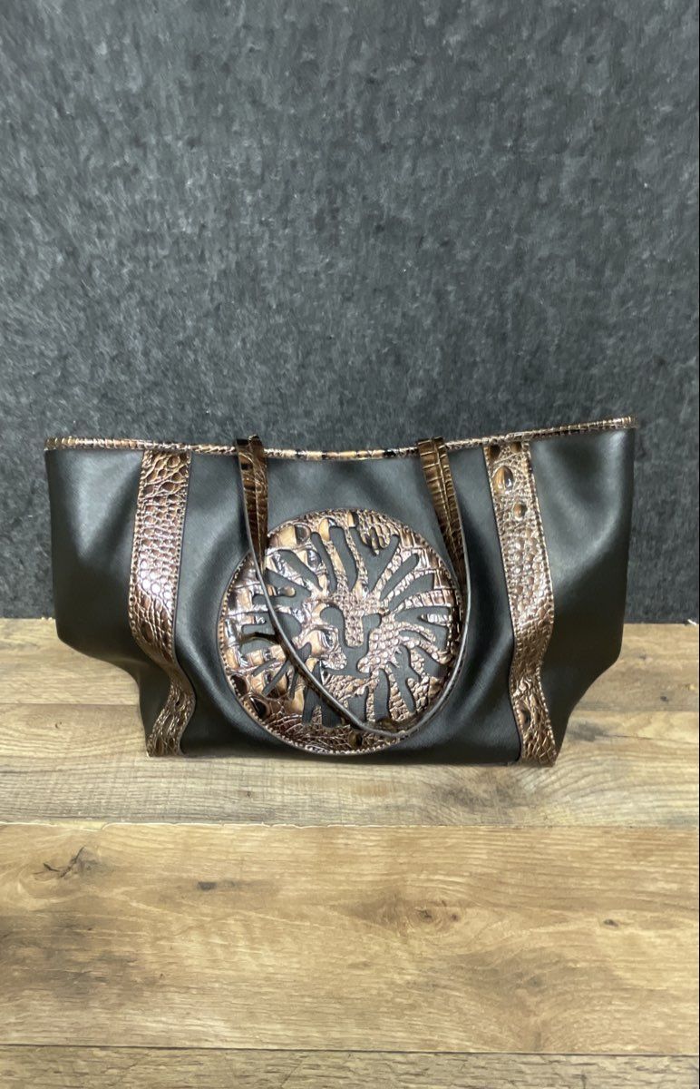 Anne Klein Black & Brown Crocodile Embossed Lion Head Logo Large Tote Bag