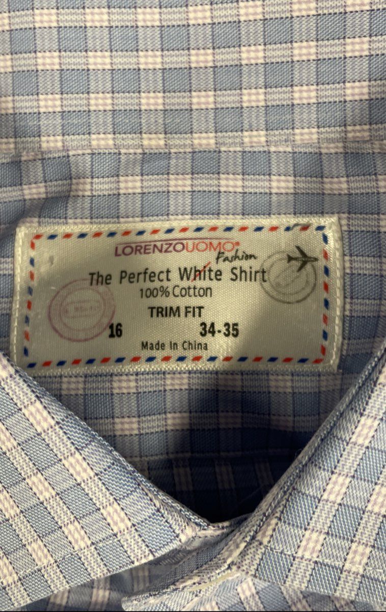 Lorenzo Uomo Men's Button Down Shirt Blue Purple Check Trim Fit Sz 16 34-35