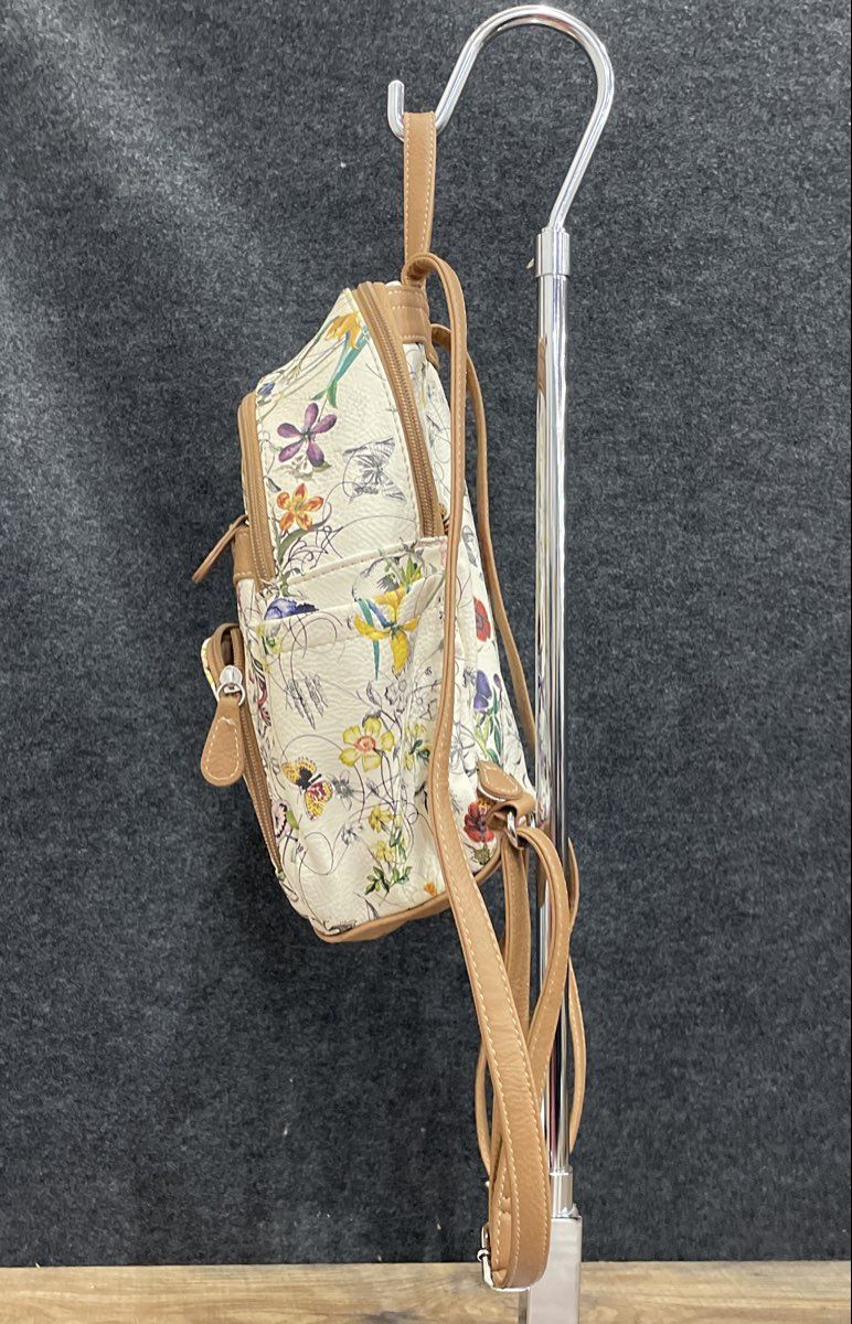 Multisac White Floral Butterfly Leather Mini Backpack Multi-Pocket Purse Bag