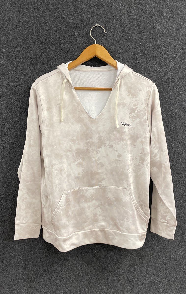 Earth Republic Women's Beige Tie Dye V-Neck Hoodie French Terry Pullover Sz L