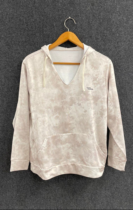 Earth Republic Women's Beige Tie Dye V-Neck Hoodie French Terry Pullover Sz L