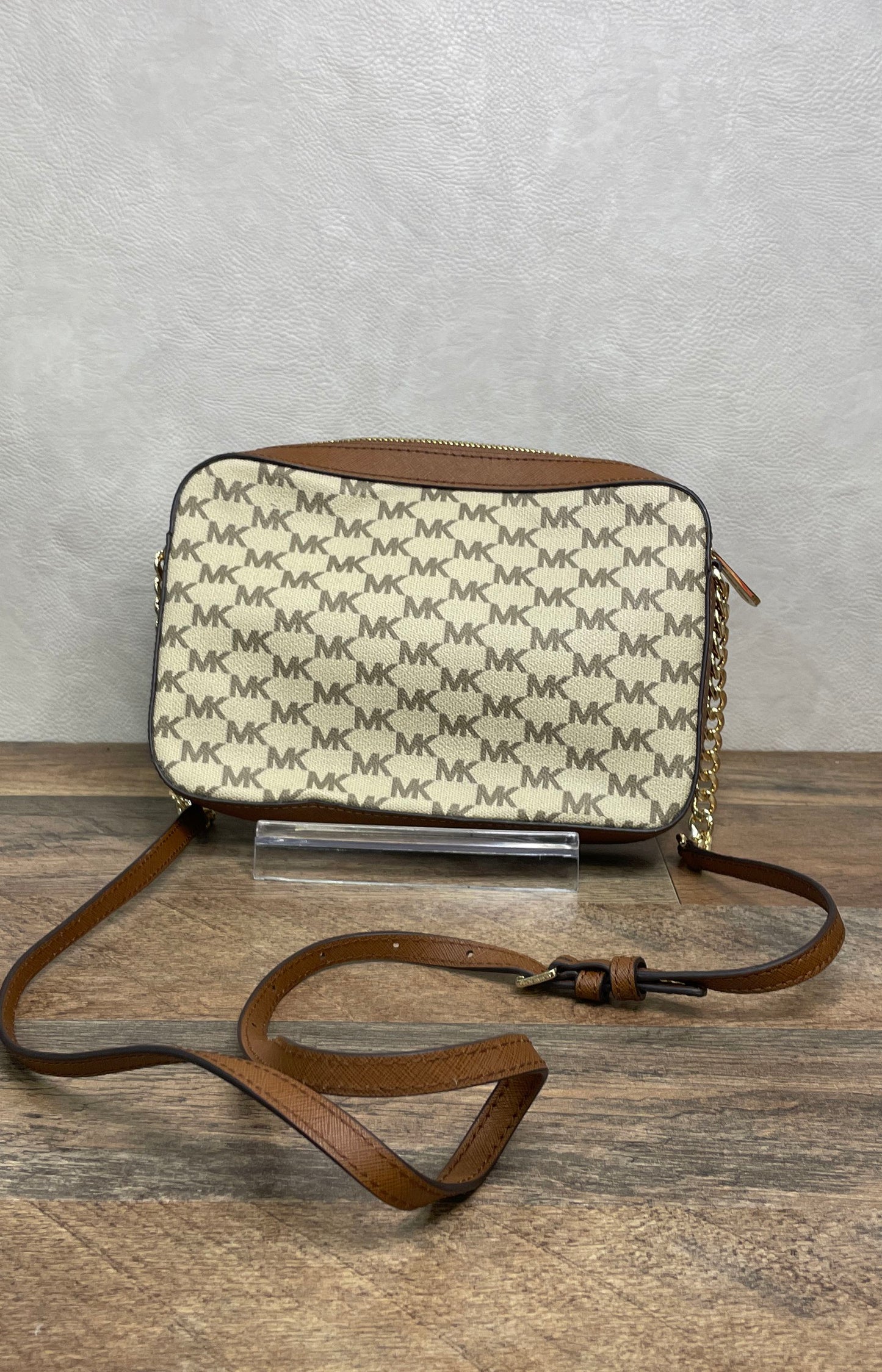 Michael Kors Brown Tan Signature MK Monogram Crossbody Camera Bag Gold Hardware