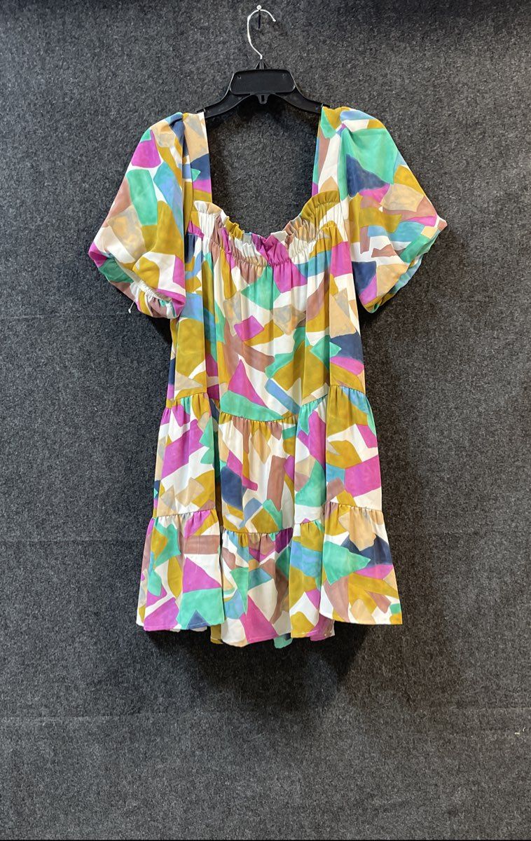 Joy Joy Women's Multicolor Geometric Abstract Puff Sleeve Tiered Mini Dress XL