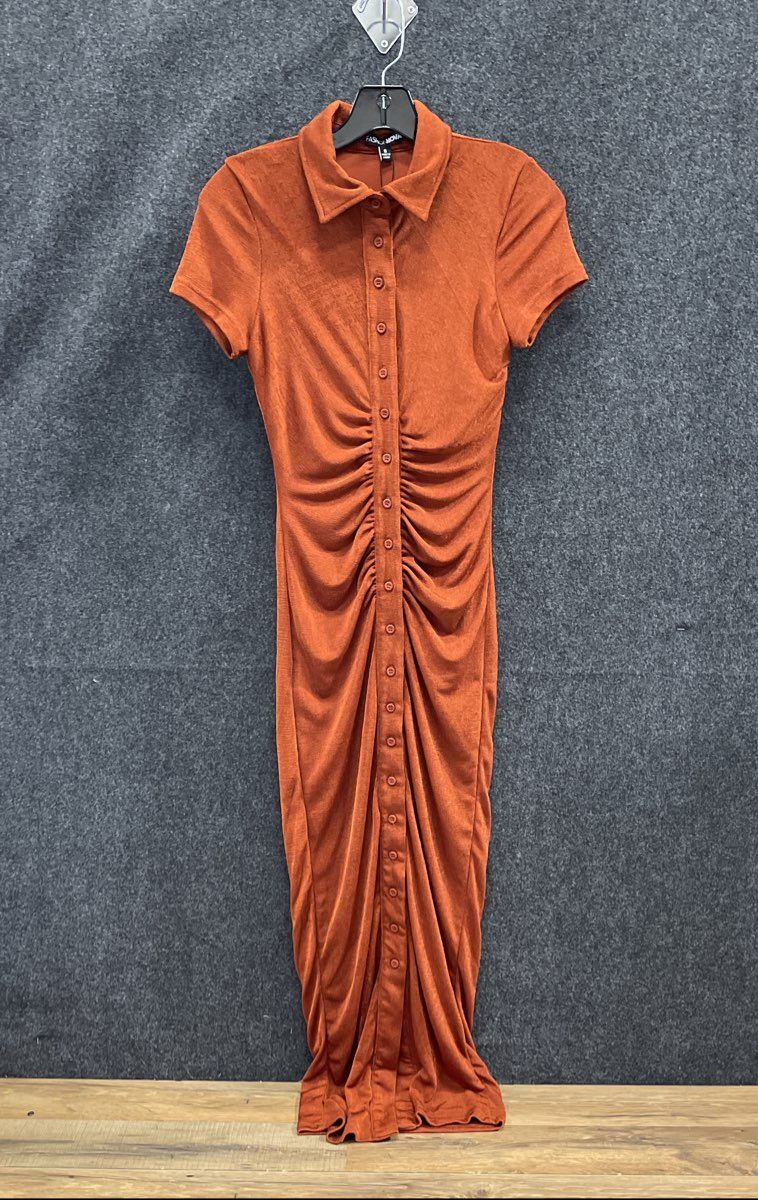 FashionNova Women's Chocolate Silky Slinky Maxi Dress Ruched Collared NWT Sz S