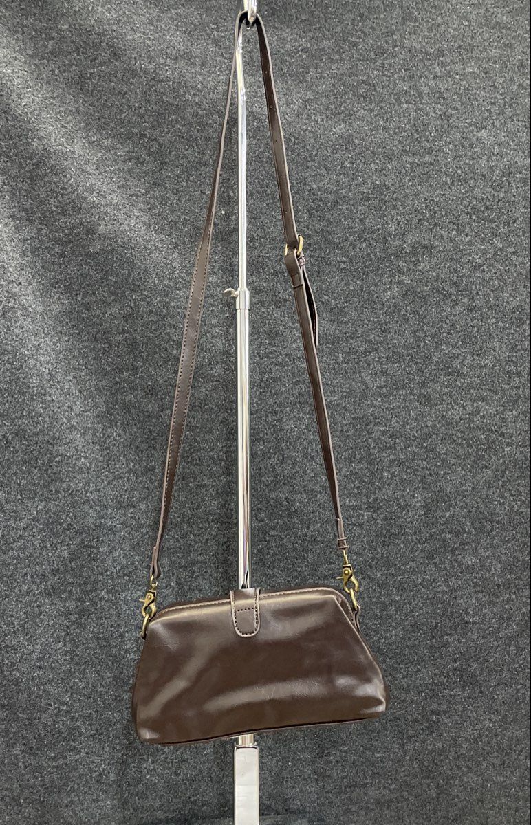 Unbranded Dark Brown Leather Frame Top Crossbody Handbag Vintage Style Brass