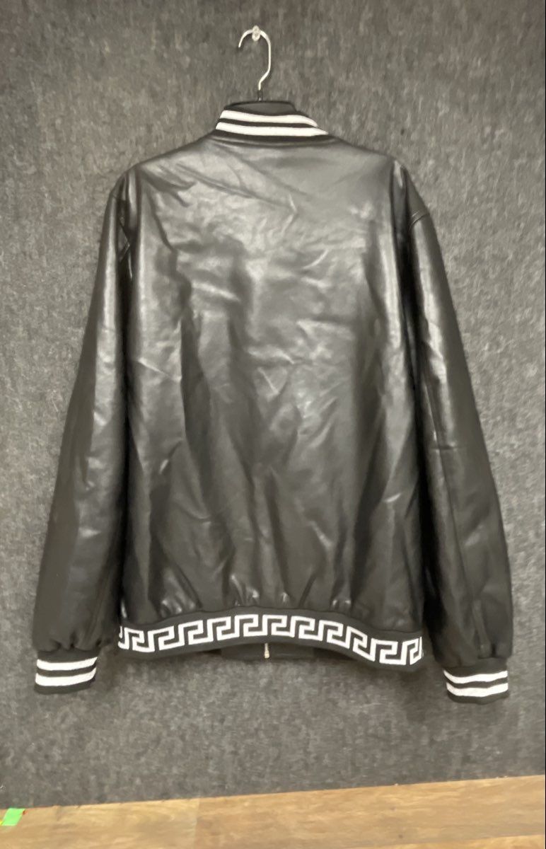 Barabas Men's Black Faux Leather Bomber Jacket Greek Key Meander Trim Sz 2XL