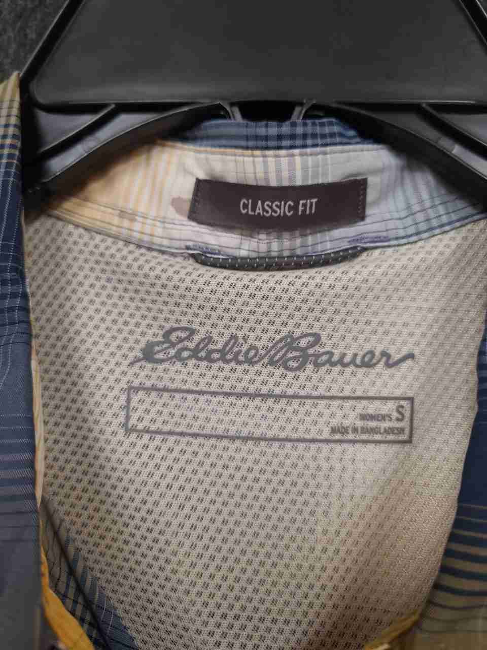 Eddie Bauer Women's Yellow Blue Plaid Vented Roll Tab Long Sleeve Shirt Sz S