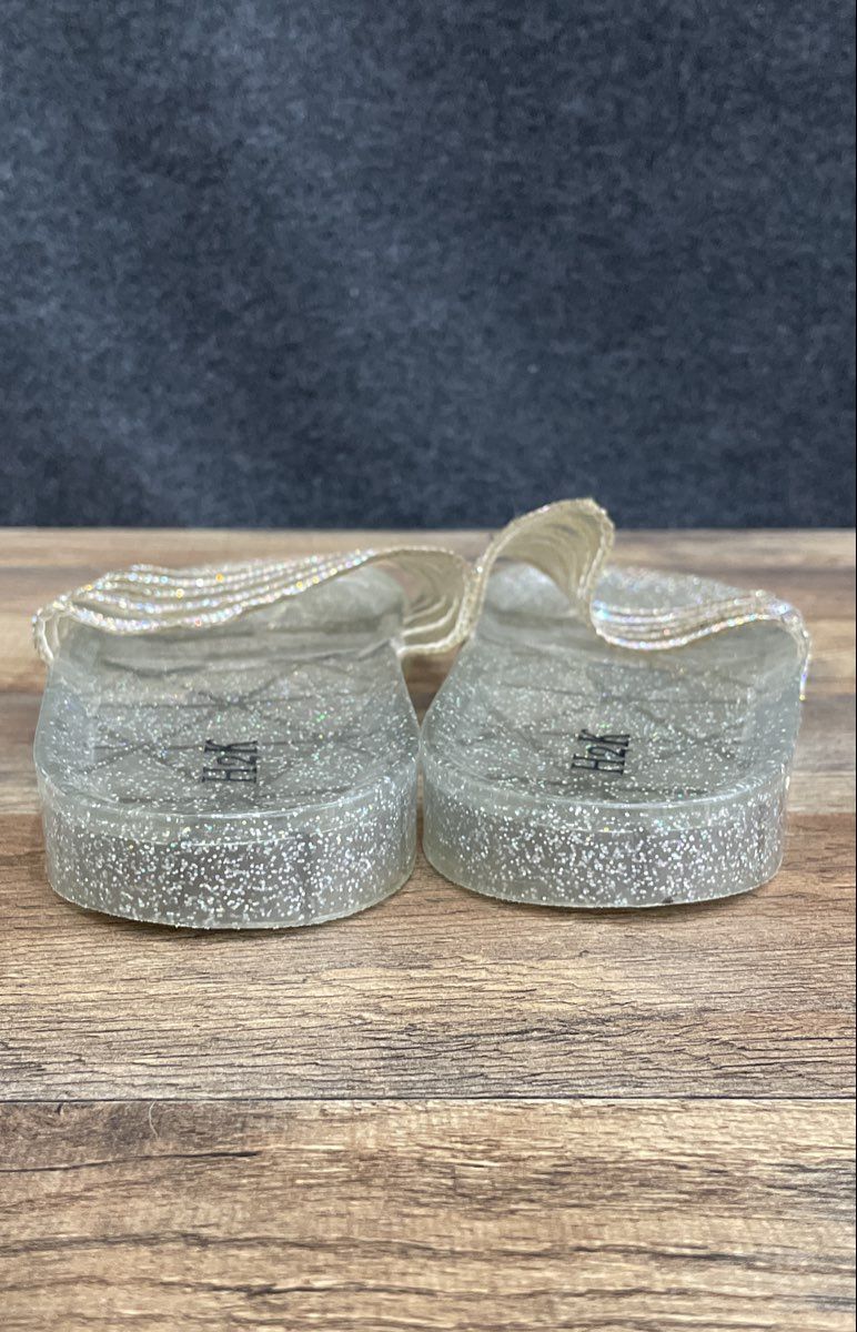 H2K Clear Transparent Silver Glitter Rhinestone Jelly Slides Women's Size 11