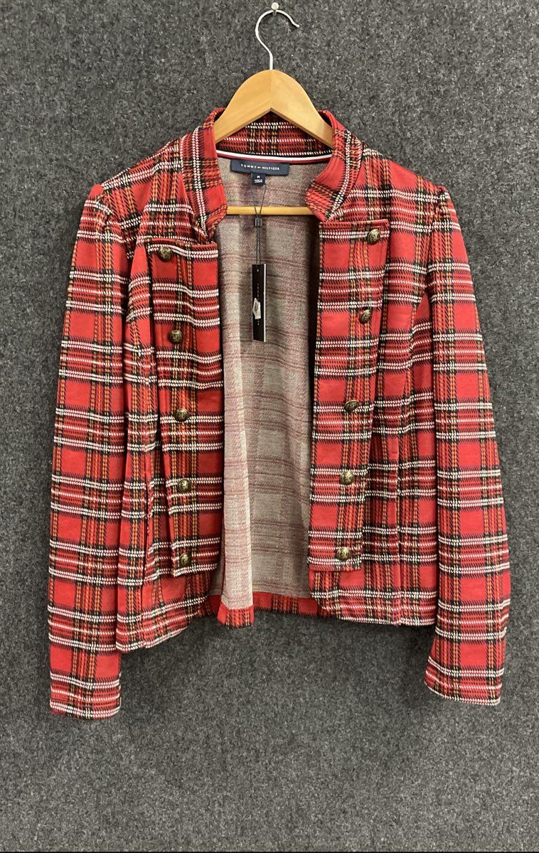 Tommy Hilfiger Women's Red Plaid Band Jacket Gold Crest Buttons NWT Sz M