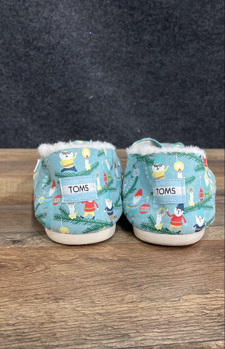 TOMS Alpargata Christmas Gnomes Blue Faux Fur Lined Slip On Women's Size 9.5
