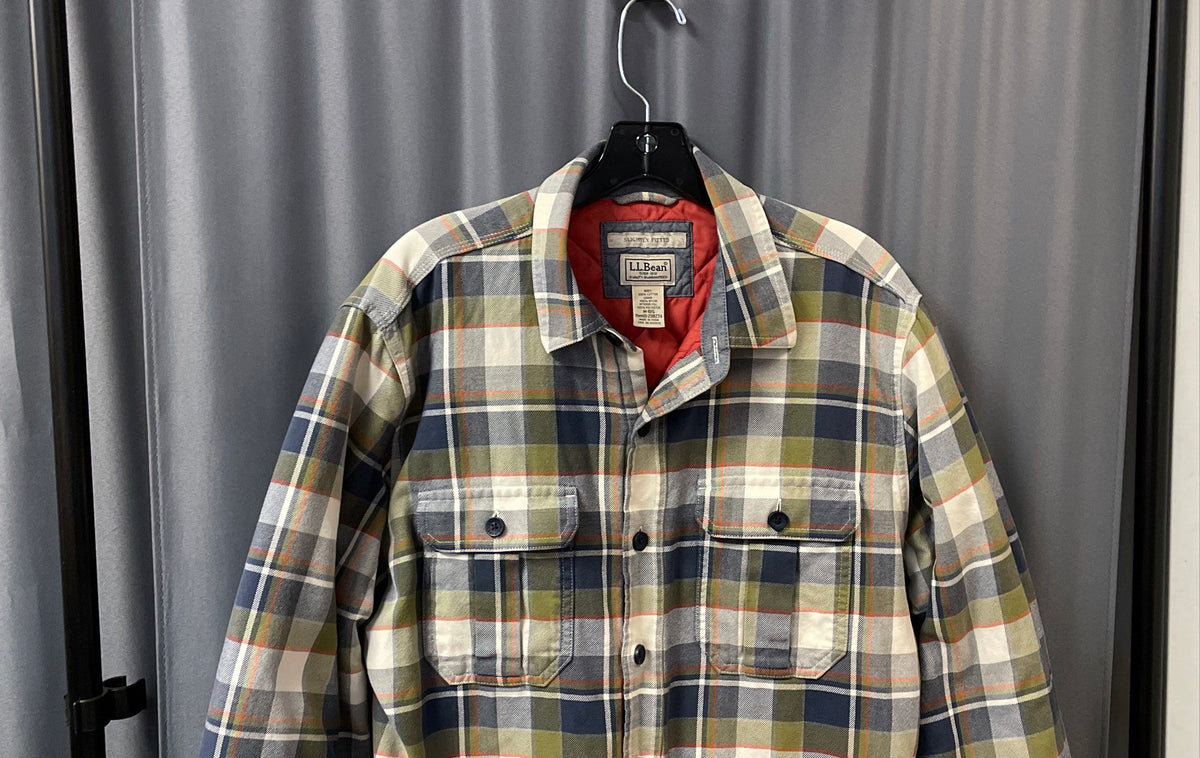 LL Bean Men's Green Blue Plaid Quilted Lined Flannel Shirt Jacket Sz M-Reg