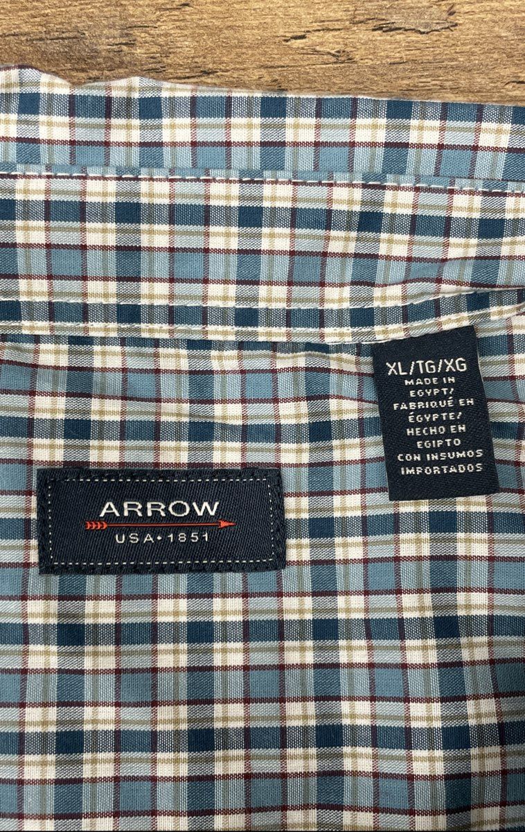 Arrow Men's Plaid Button Down Shirt Storm Blue Hamilton Poplin Wrinkle Free SzXL
